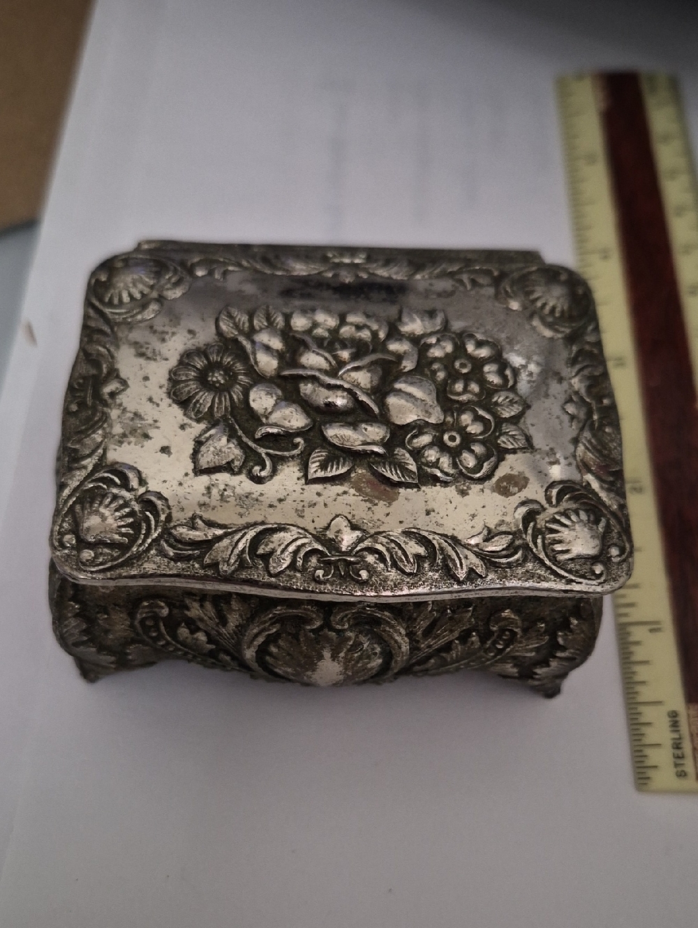 Vintage Floral Embossed Silver-Tone Trinket Box